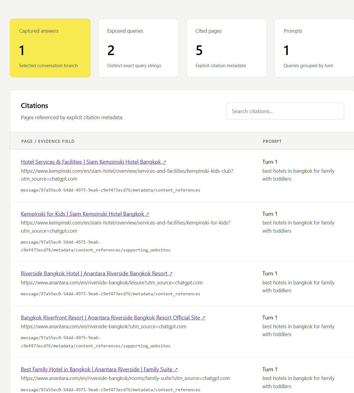 Citations showing linked pages and their associated prompt.