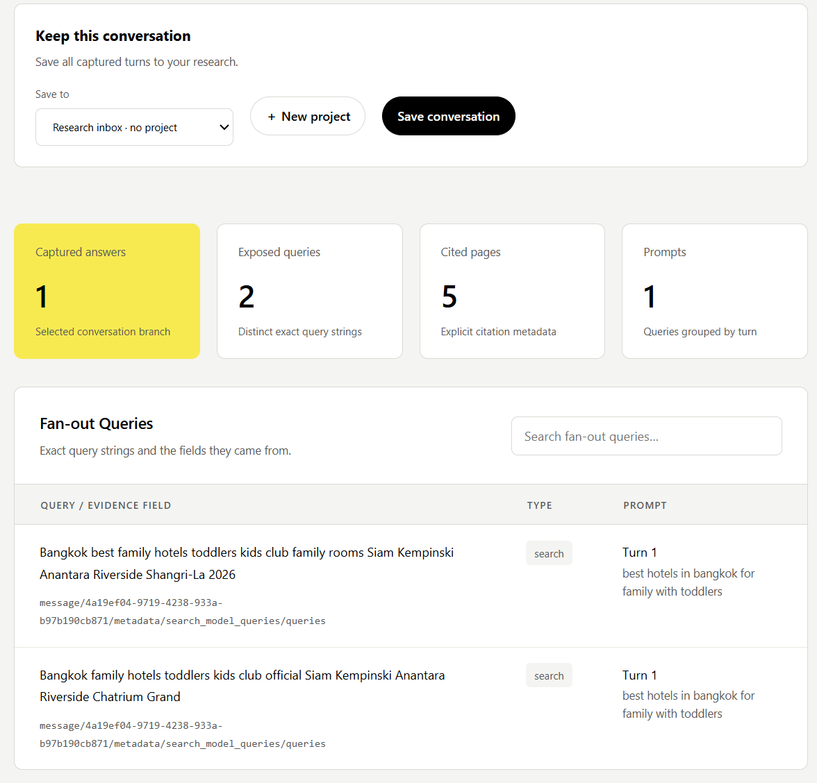 Fan-out Queries showing exposed search strings alongside their original prompt.